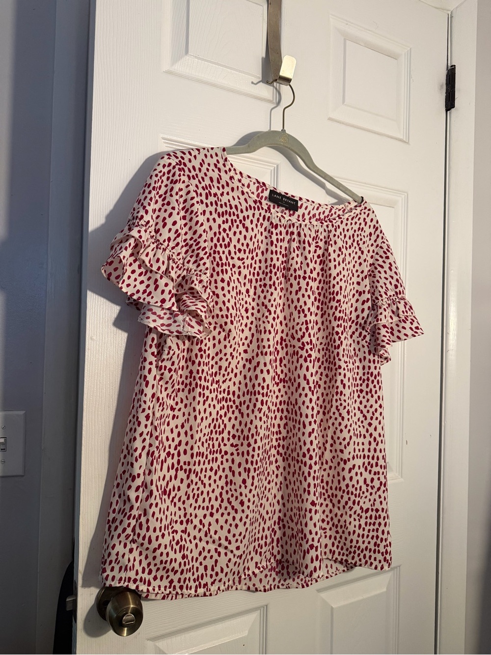 Lane Bryant white Blouse with Red Dot Print and Ruffle Sleeves